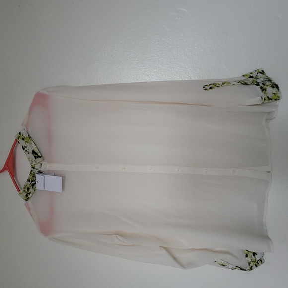 NWT ClubMonaco SILK BLOUSE BACK BUTTON CLOSURE SZ-L White/Green - Picture 2 of 4